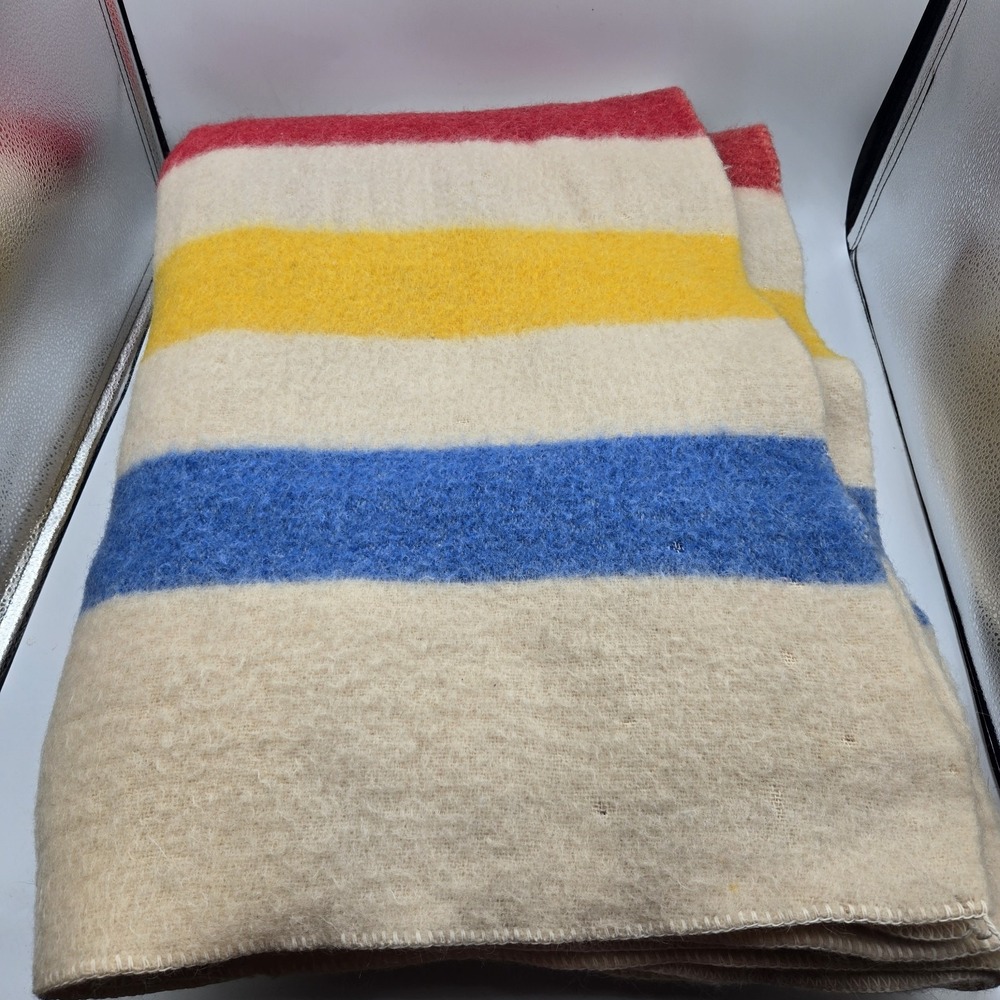 Vintage Hudson's Bay Style Wool Blanket Multicolor stripe Twin 64x91 Cambin Camp